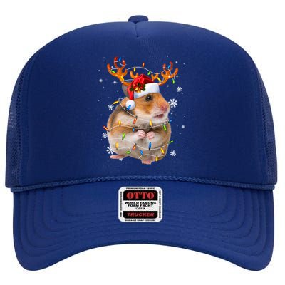 Hamster Reindeer Christmas Lights Funny Hamster Xmas Gift High Crown Mesh Back Trucker Hat