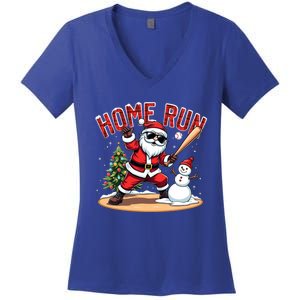 Home Run Christmas Baseball Santa Claus Snow Xmas Cute Gift Women's V-Neck T-Shirt