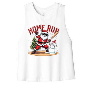 Home Run Christmas Baseball Santa Claus Snow Xmas Cute Gift Women's Racerback Cropped Tank