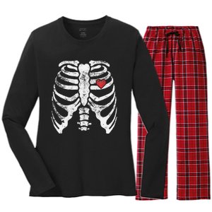 Heart Rib Cage Xray Funny Halloween Skeleton Women's Long Sleeve Flannel Pajama Set 