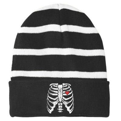 Heart Rib Cage Xray Funny Halloween Skeleton Striped Beanie with Solid Band