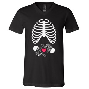 Halloween Rib Cage Pregnancy Expecting Twins Baby Love V-Neck T-Shirt