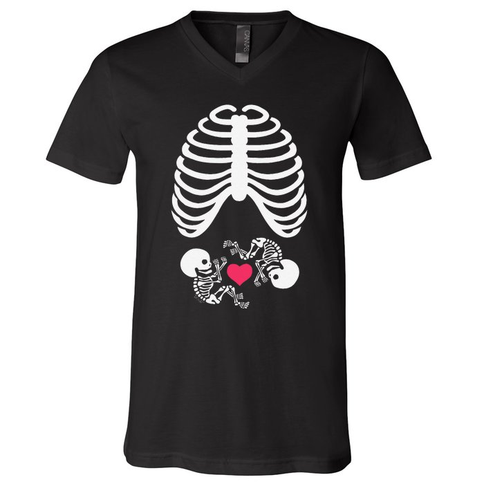 Halloween Rib Cage Pregnancy Expecting Twins Baby Love V-Neck T-Shirt