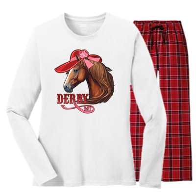 Horse Racing Derby Day Hat Horse Women's Long Sleeve Flannel Pajama Set 