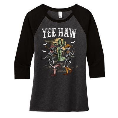 Howdy Retro Desert Dancing Skeleton Cow Boots Hat Western Women's Tri-Blend 3/4-Sleeve Raglan Shirt