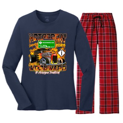 Hot Rodding Detroit To Pontiac Cruisin Woodward A Michigan Tradition Women's Long Sleeve Flannel Pajama Set 