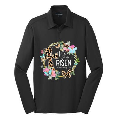 He's Risen Easter Day Jesus Cross Religious Christian Flower Silk Touch Performance Long Sleeve Polo