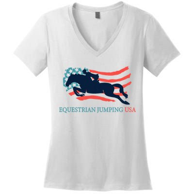 Horse Rider Equestrian Jumping Usa Team Coach American Flag Women's V-Neck T-Shirt