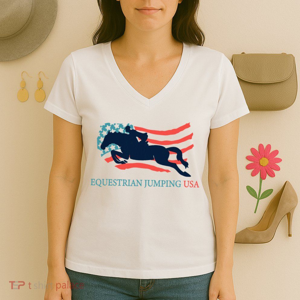 Horse Rider Equestrian Jumping Usa Team Coach American Flag Women's V-Neck T-Shirt