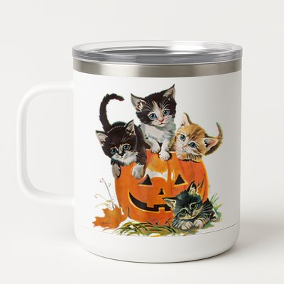 Halloween Retro Floral Cat Pumpkin Spooky Season Vintage 90s Gift 12 oz Stainless Steel Tumbler Cup