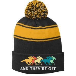 Horse Racing Funny And TheyRe Off Horse Racing Stripe Pom Pom Beanie