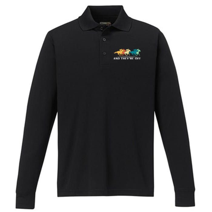 Horse Racing Funny And TheyRe Off Horse Racing Performance Long Sleeve Polo