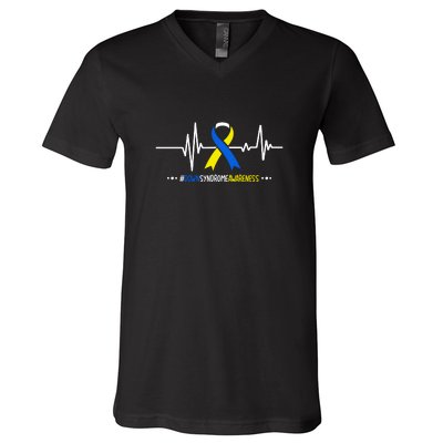 Heartbeat Ribbon For Down Syndrome Awareness Gift V-Neck T-Shirt