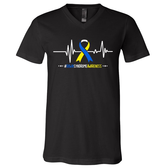 Heartbeat Ribbon For Down Syndrome Awareness Gift V-Neck T-Shirt