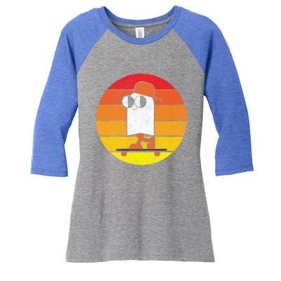 Halloween Retro Ghost On Skateboard Vintage Sunset Pocket Great Gift Women's Tri-Blend 3/4-Sleeve Raglan Shirt