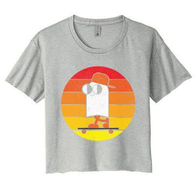 Halloween Retro Ghost On Skateboard Vintage Sunset Pocket Great Gift Women's Crop Top Tee