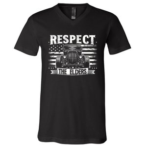 Hot Rod Grandpa Respect The Elders Patriotic Rat Rod Car V-Neck T-Shirt