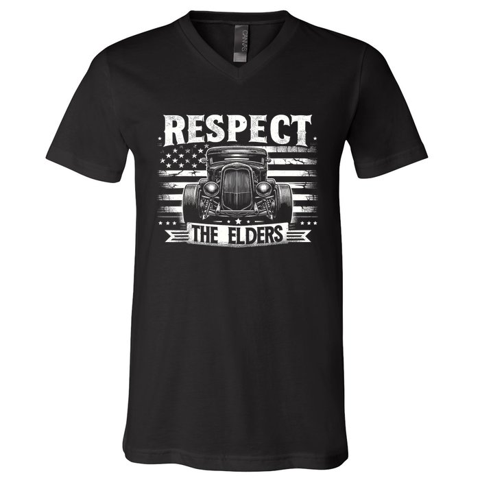 Hot Rod Grandpa Respect The Elders Patriotic Rat Rod Car V-Neck T-Shirt