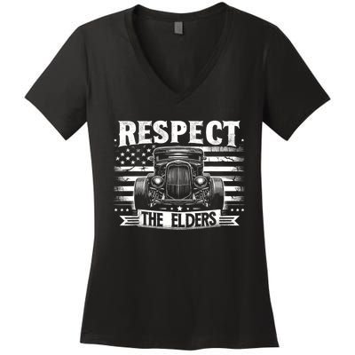 Hot Rod Grandpa Respect The Elders Patriotic Rat Rod Car Women's V-Neck T-Shirt