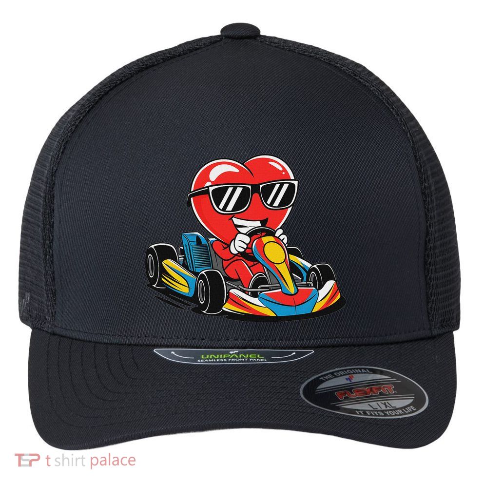 Heart Racing Go Kart Heart Valentines Day Funny Flexfit Unipanel Trucker Cap