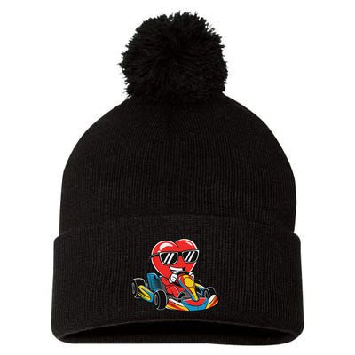 Heart Racing Go Kart Heart Valentines Day Funny Pom Pom 12in Knit Beanie