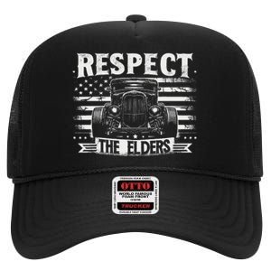 Hot Rod Grandpa Respect The Elders Patriotic Rat Rod Car High Crown Mesh Back Trucker Hat