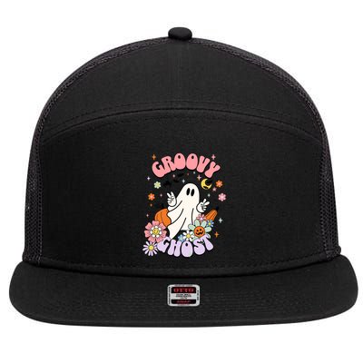 Halloween Retro Groovy Funny Boo Ghost Spooky Cool Vibes Gift 7 Panel Mesh Trucker Snapback Hat