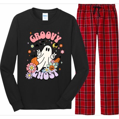 Halloween Retro Groovy Funny Boo Ghost Spooky Cool Vibes Gift Long Sleeve Pajama Set