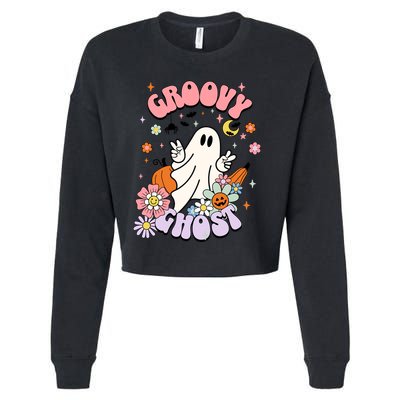 Halloween Retro Groovy Funny Boo Ghost Spooky Cool Vibes Gift Cropped Pullover Crew