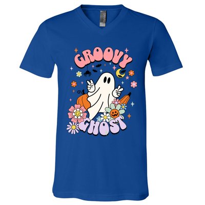 Halloween Retro Groovy Funny Boo Ghost Spooky Cool Vibes Gift V-Neck T-Shirt