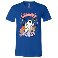 Halloween Retro Groovy Funny Boo Ghost Spooky Cool Vibes Gift V-Neck T-Shirt