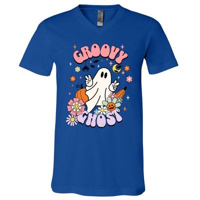 Halloween Retro Groovy Funny Boo Ghost Spooky Cool Vibes Gift V-Neck T-Shirt