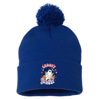 Halloween Retro Groovy Funny Boo Ghost Spooky Cool Vibes Gift Pom Pom 12in Knit Beanie