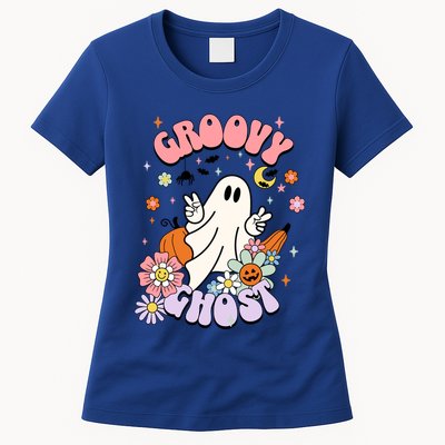 Halloween Retro Groovy Funny Boo Ghost Spooky Cool Vibes Gift Womens T-Shirt