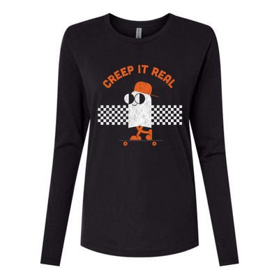 Halloween Retro Ghost On Skateboard Creep It Real Cool Gift Womens Cotton Relaxed Long Sleeve T-Shirt