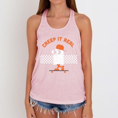 Halloween Retro Ghost On Skateboard Creep It Real Cool Gift Women's Knotted Racerback Tank