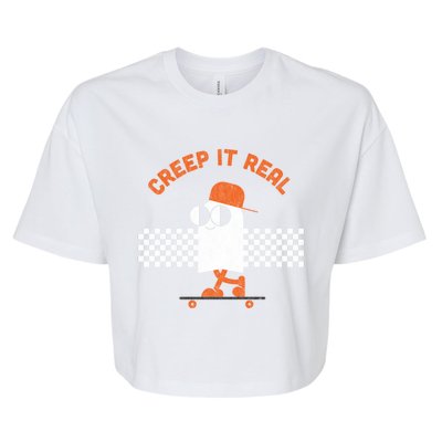 Halloween Retro Ghost On Skateboard Creep It Real Cool Gift Bella+Canvas Jersey Crop Tee