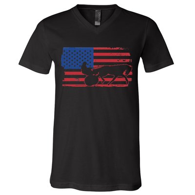 Horse Racing Harness Racing USA Flag Trotter Pacer V-Neck T-Shirt