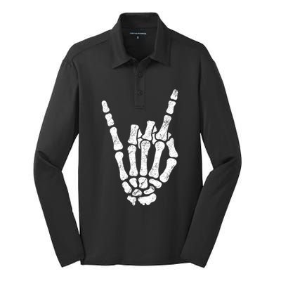 Halloween Rock Hand Sign Skeleton Rock N Roll Symbol Rock On Gift Silk Touch Performance Long Sleeve Polo