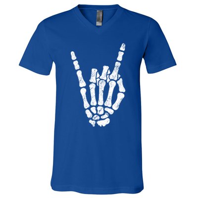 Halloween Rock Hand Sign Skeleton Rock N Roll Symbol Rock On Gift V-Neck T-Shirt