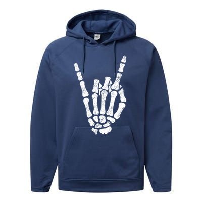 Halloween Rock Hand Sign Skeleton Rock N Roll Symbol Rock On Gift Performance Fleece Hoodie