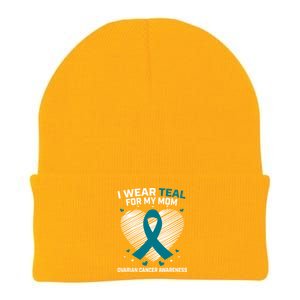 Heart Ribbon I Wear Teal For My Mom Ovarian Cancer Awareness Cool Gift Knit Cap Winter Beanie