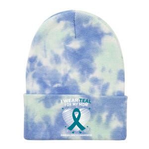 Heart Ribbon I Wear Teal For My Mom Ovarian Cancer Awareness Cool Gift Tie Dye 12in Knit Beanie