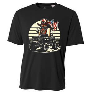 Hotdog Riding Monster Truck 4th Of July Usa Flag Cooling Performance Crew T-Shirt