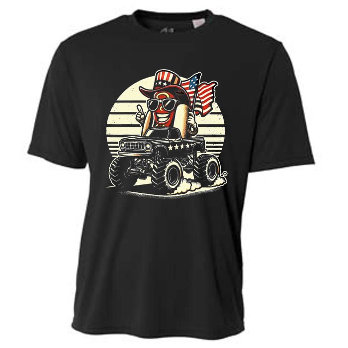 Hotdog Riding Monster Truck 4th Of July Usa Flag Cooling Performance Crew T-Shirt