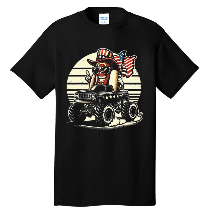 Hotdog Riding Monster Truck 4th Of July Usa Flag Tall T-Shirt