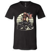 Hotdog Riding Monster Truck 4th Of July Usa Flag V-Neck T-Shirt