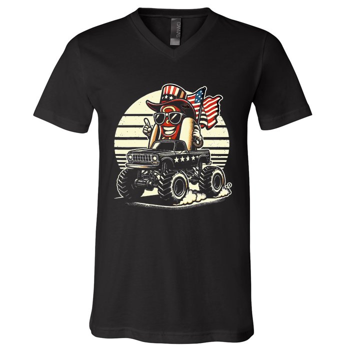 Hotdog Riding Monster Truck 4th Of July Usa Flag V-Neck T-Shirt