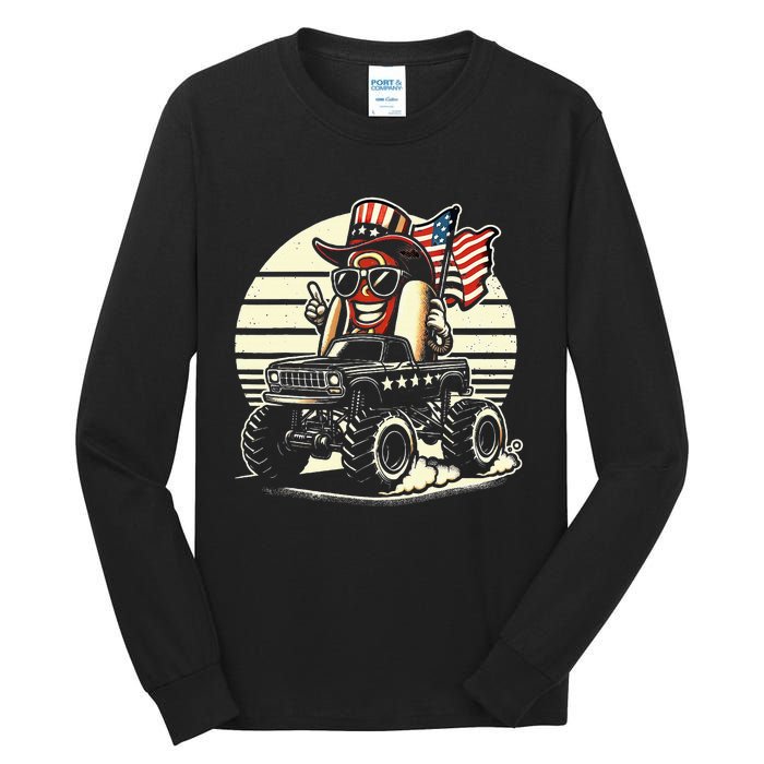 Hotdog Riding Monster Truck 4th Of July Usa Flag Tall Long Sleeve T-Shirt