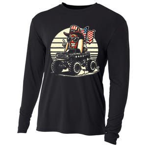 Hotdog Riding Monster Truck 4th Of July Usa Flag Cooling Performance Long Sleeve Crew